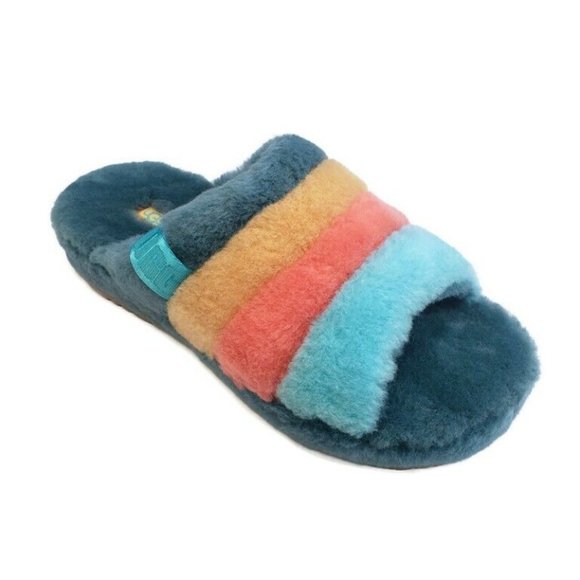 UGG Other - UGG Mens Size 10 Fluff You Stripes Sheepskin Slippers Marina Blue Multi-Color